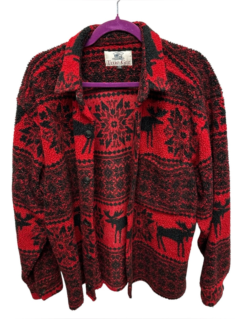 True grits women’s fair isle Moose print fleece jacket red black medium